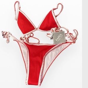 ZAFUL Ribbed Tie Side Tanga Bikini Set - Red Size 4 Us